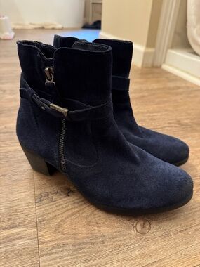 Earth Origins Navy Suede Ankle Booties with Buckle Strap